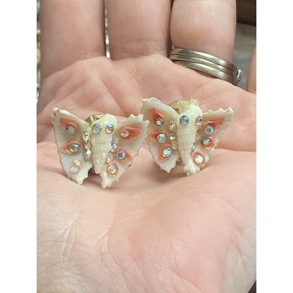 Vintage Butterfly Seashell Earrings Aurora Borealis Rhinestone Clip On Fairycore
